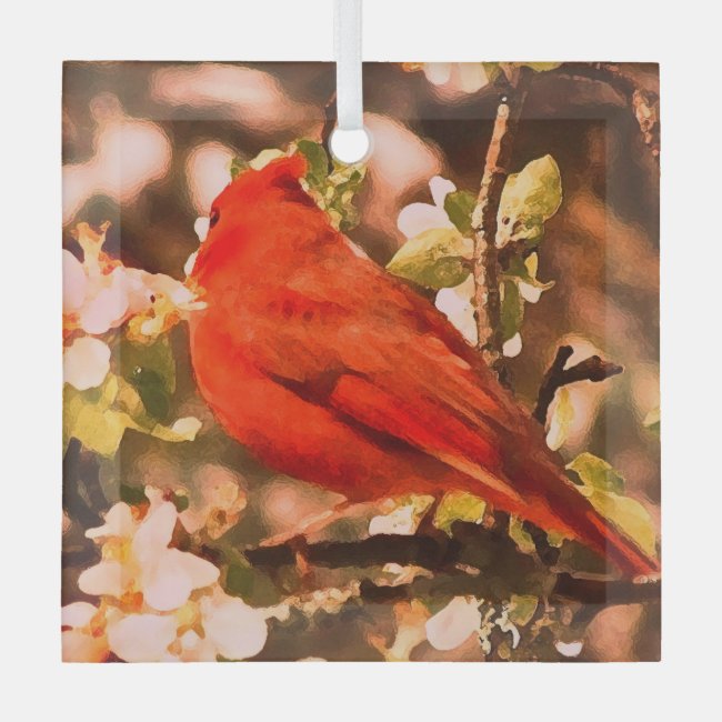 Cardinal in Apple Blossoms Beveled Glass Ornament