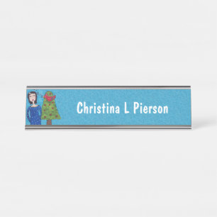 Cardinal in Apple Tree Singing to Lady on Blue Desk Name Plate