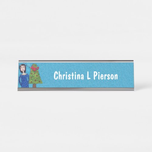 Cardinal in Apple Tree Singing to Lady on Blue Desk Name Plate
