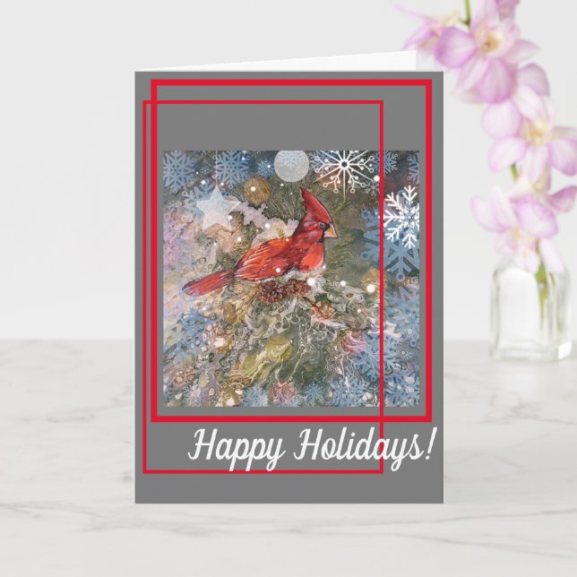 Cardinal in fir tree Christmas card (Orchid)