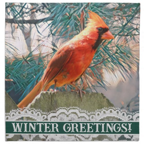 Cardinal in Front of Pine Tree Winter Cloth Napkin