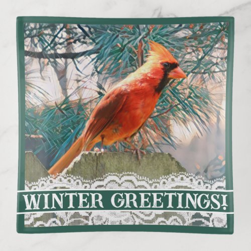 Cardinal in Front of Pine Tree Winter Customizable Trinket Tray