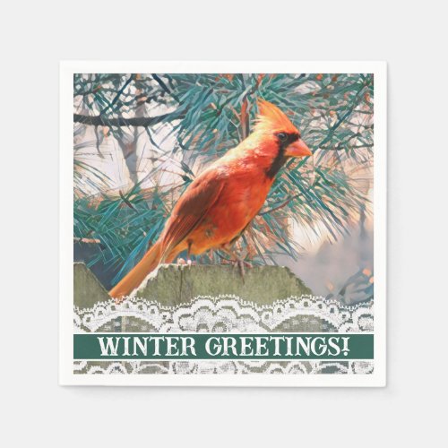 Cardinal in Front of Pine Tree Winter Napkins
