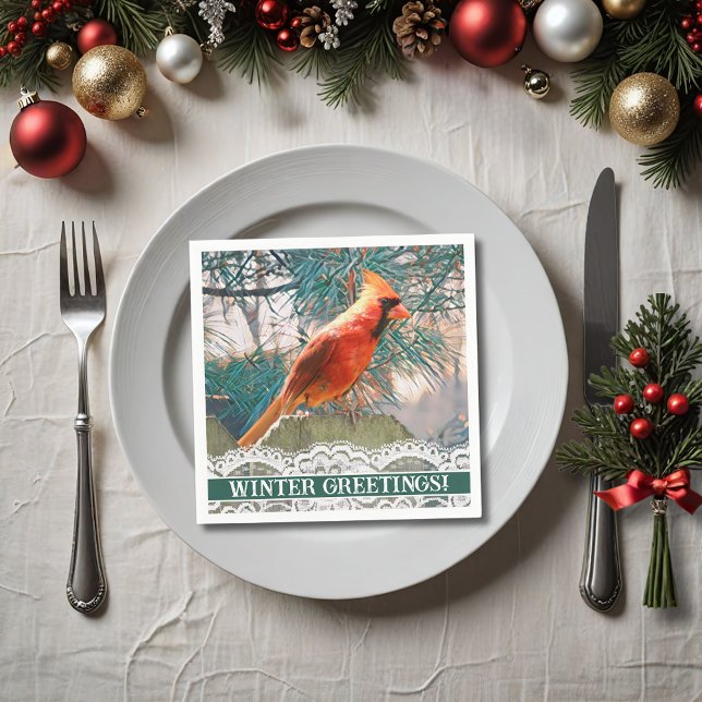 Cardinal in Front of Pine Tree Winter Napkins (A red cardinal and  pine tree make a lovely custom cocktail napkin for your Christmas party.)