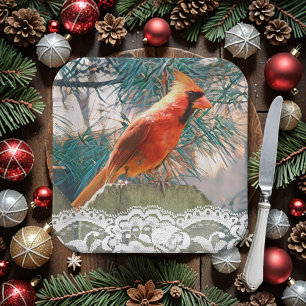 Cardinal in Front of Pine Tree Winter Paper Plates