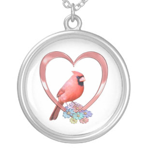 Cardinal in Heart Silver Plated Necklace