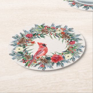 Cardinal in Rustic Wreath Paper Coaster