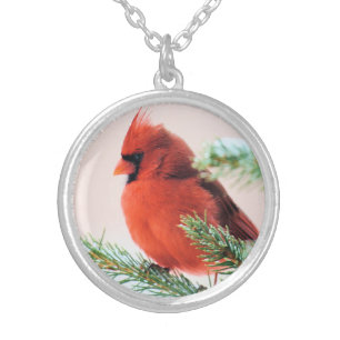 Cardinal in Snow Dusted Fir Silver Plated Necklace