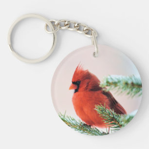 Cardinal in Snow Dusted Fir Tree Keychain