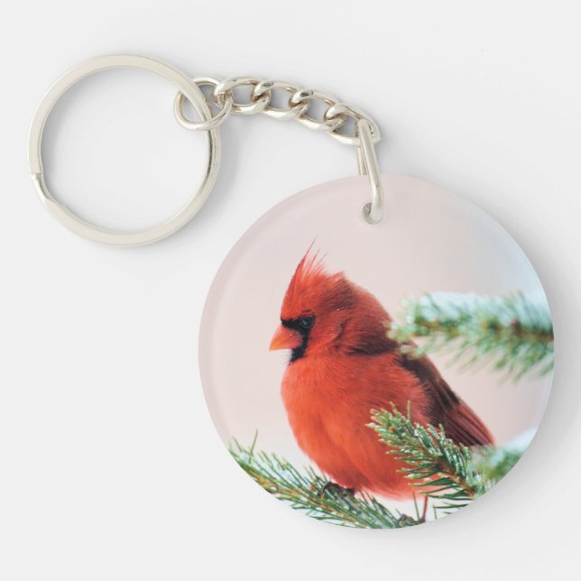 Cardinal in Snow Dusted Fir Tree Keychain (Front)