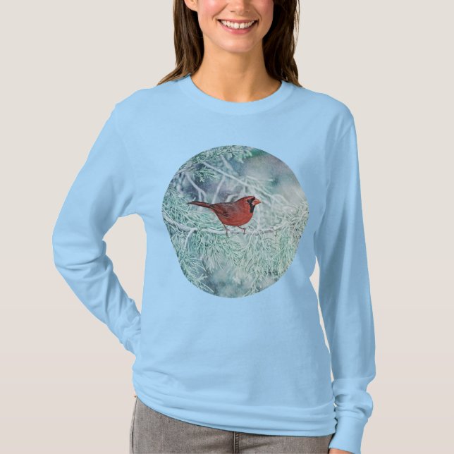 Cardinal in Snow Winter Holiday Long Sleeve Shirt (Front)