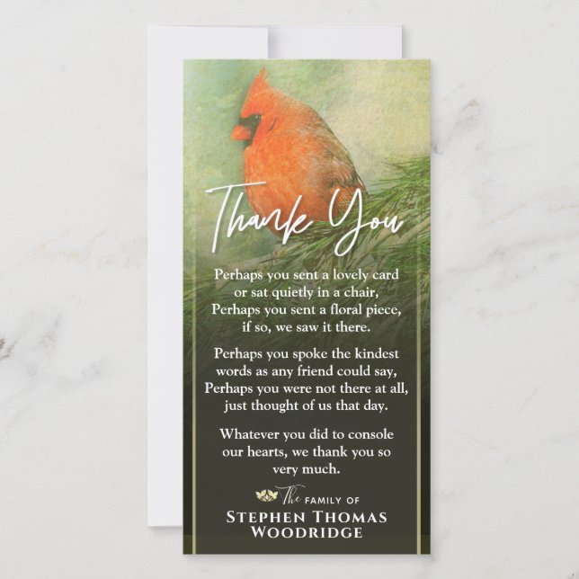 Cardinal in Spruce 4x8  Sympathy Thank You Poem Card (Front)