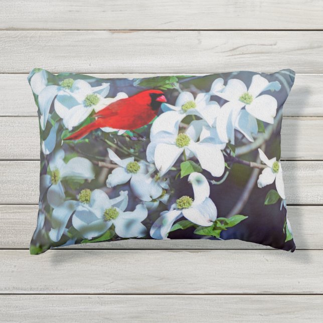 Cardinal in the Dogwood Tree Outdoor Pillow (Front)