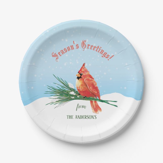 Cardinal In The Snow Christmas Holiday Paper Plates (Front)