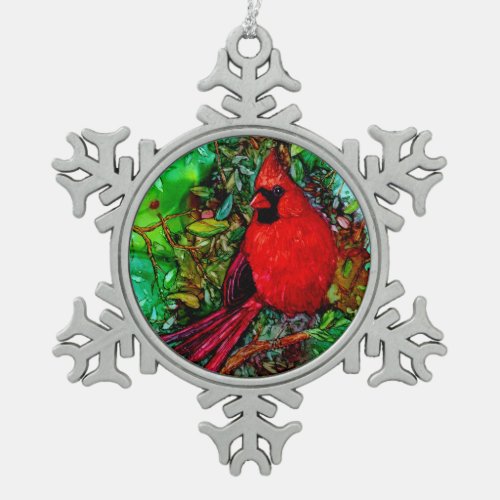 Cardinal In the Tree Snowflake Pewter Christmas Ornament