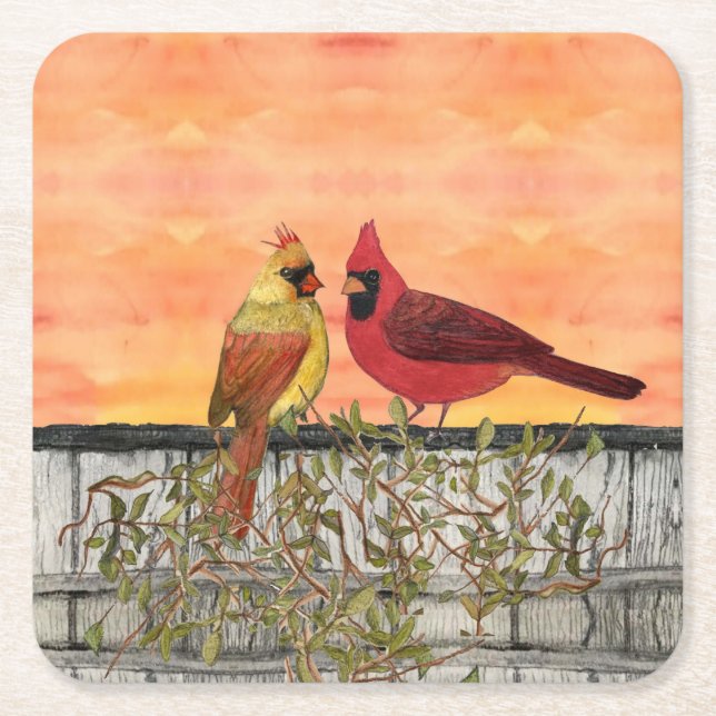 Cardinal Lovebirds Paper Coaster (Front)