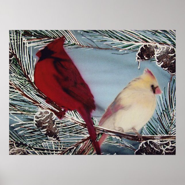 Cardinal Male and Female Perched in Pines Poster (Front)