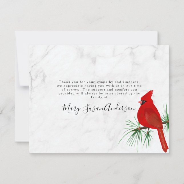 Cardinal Marble Funeral Memorial Thank You Note Card (Front)