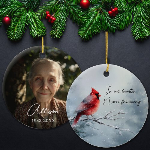 Cardinal Memorial In Our Hearts Photo Keepsake Ceramic Ornament