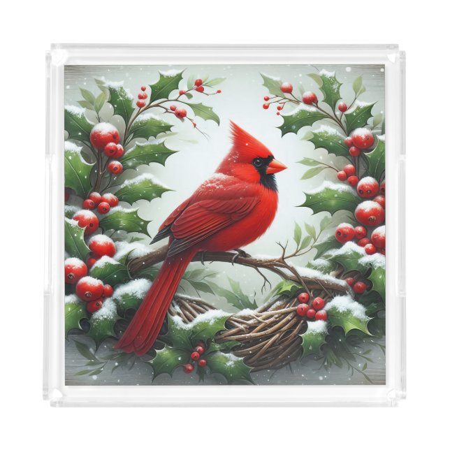 Cardinal Nest Holiday Cutting Board Acrylic Tray (Front)