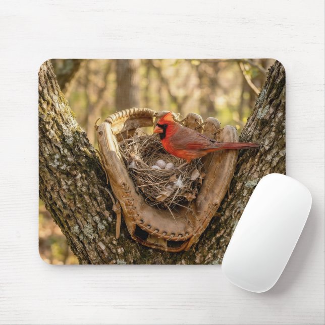 Cardinal Nest in a Baseball Glove Mouse Pad (With Mouse)