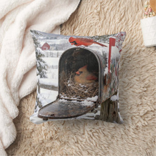 Cardinal Nest in a Snowy Mailbox Throw Pillow