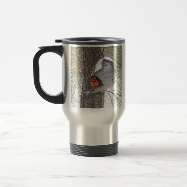Cardinal on a bird feeder travel mug (Left)