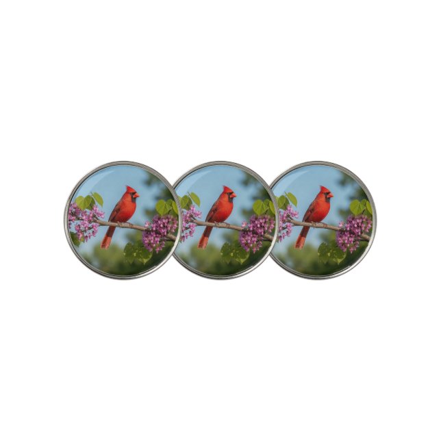 Cardinal on a Redbud Branch Golf Ball Marker (3 Up)