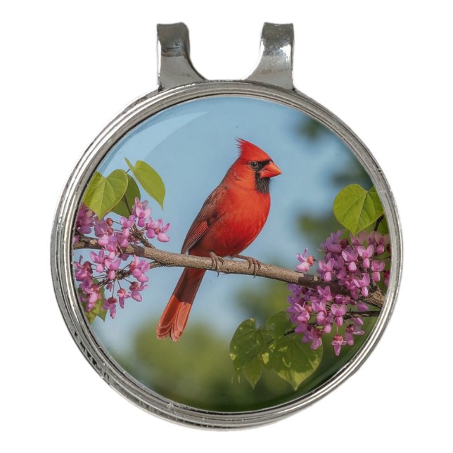 Cardinal on a Redbud Branch Golf Hat Clip (Front)