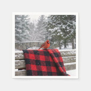 Cardinal On a Snowy Plaid Blanket Napkins