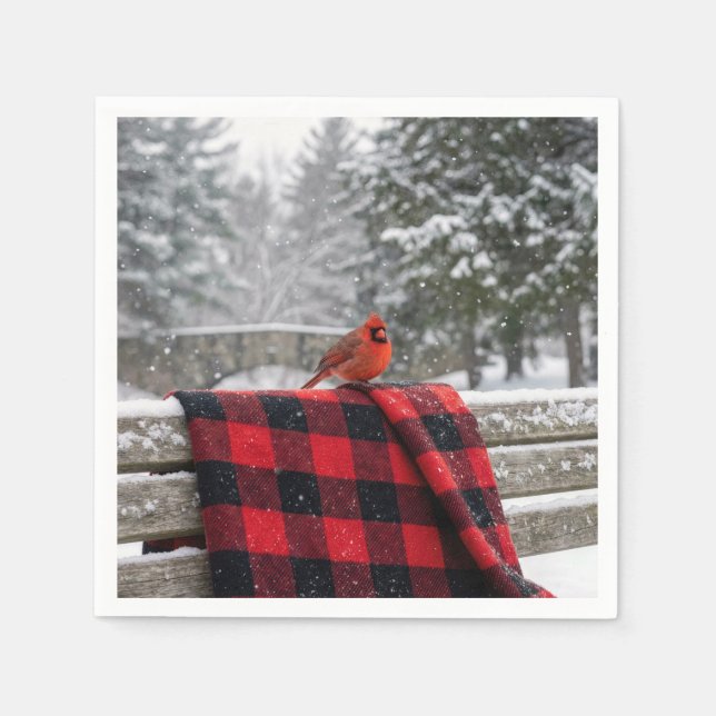 Cardinal On a Snowy Plaid Blanket Napkins (Front)
