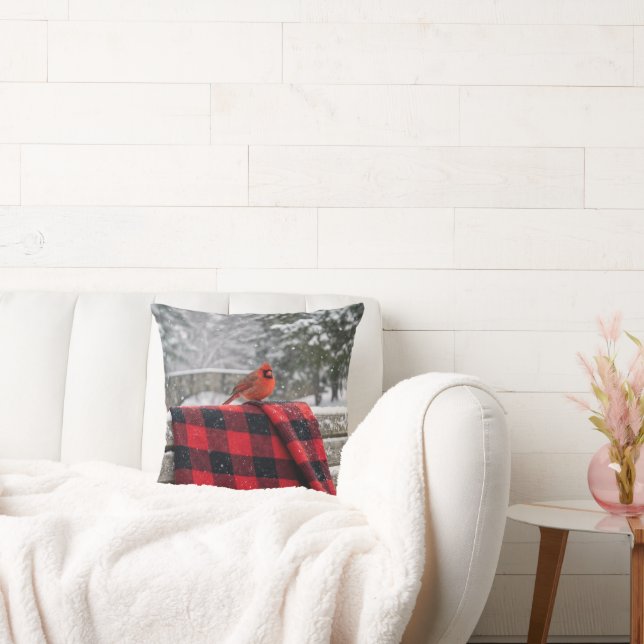 Cardinal On a Snowy Plaid Blanket Throw Pillow (Couch)