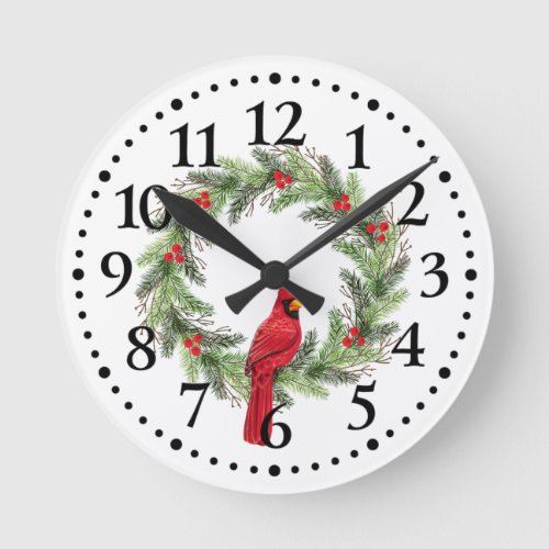 Cardinal on a Winter Wreath Round Clock