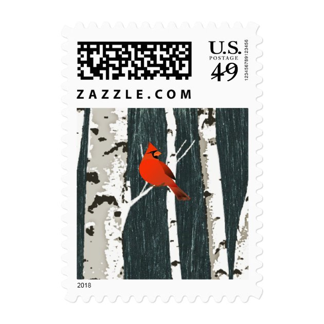 Cardinal On Birch Trees Christmas Stamp