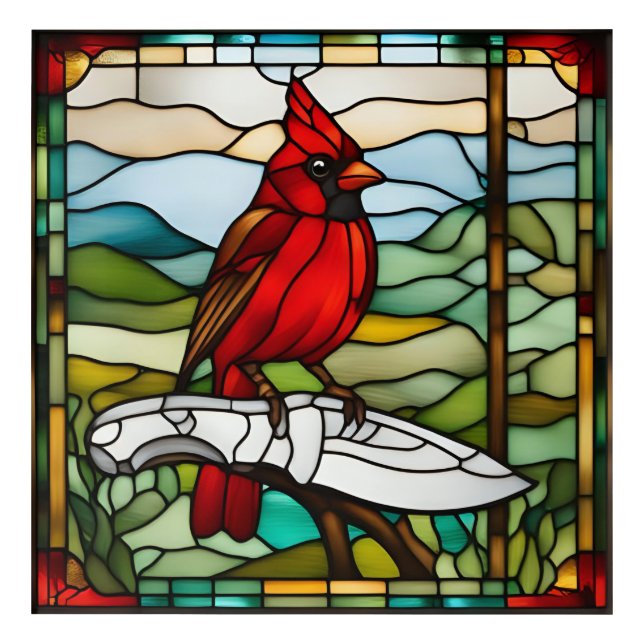 Cardinal on Blade Square Stained Glass Inspired Acrylic Print (Front)