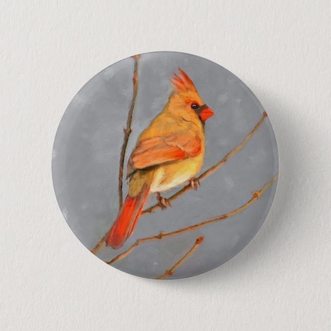 Cardinal on Branch Painting - Original Bird Art Button (Front)
