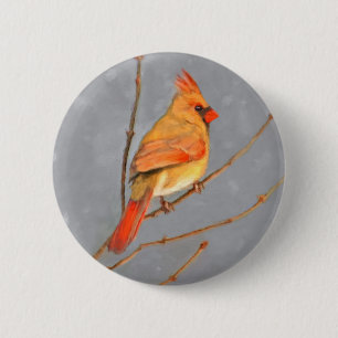 Cardinal on Branch Painting - Original Bird Art Button