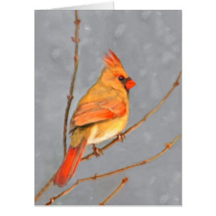 Cardinal on Branch Painting - Original Bird Art Card
