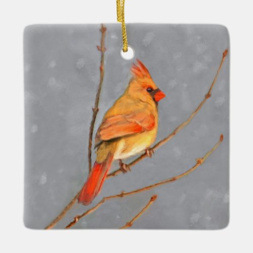 Cardinal on Branch Painting _ Original Bird Art Ceramic Ornament