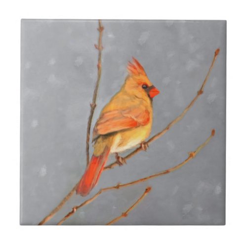 Cardinal on Branch Painting _ Original Bird Art Ceramic Tile