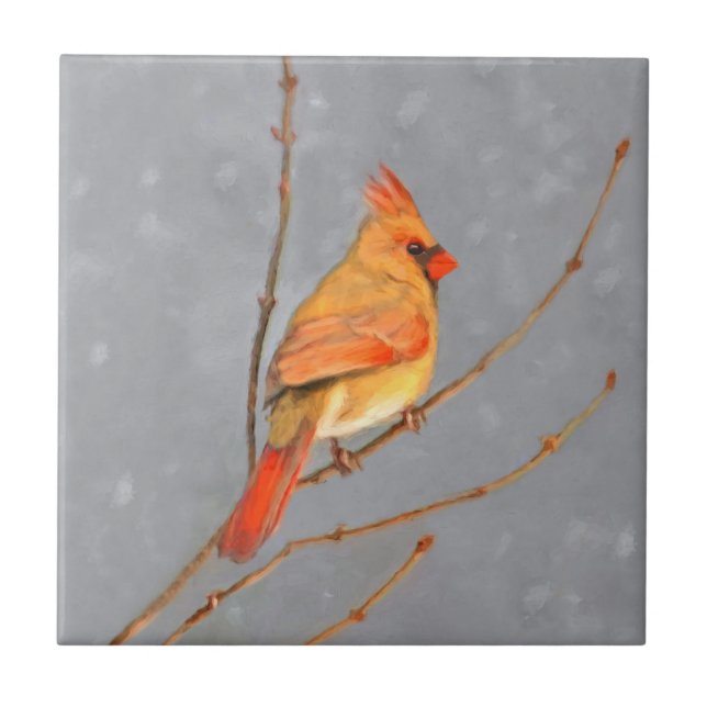 Cardinal on Branch Painting - Original Bird Art Ceramic Tile (Front)