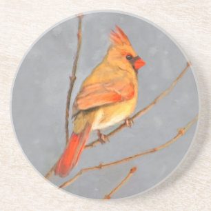 Cardinal on Branch Painting - Original Bird Art Coaster