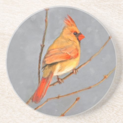 Cardinal on Branch Painting _ Original Bird Art Coaster