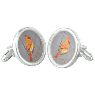 Cardinal on Branch Painting - Original Bird Art Cufflinks