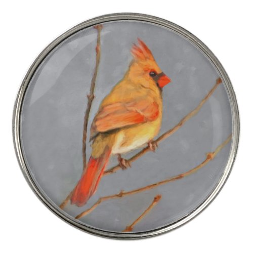 Cardinal on Branch Painting _ Original Bird Art Golf Ball Marker