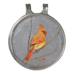 Cardinal on Branch Painting - Original Bird Art Golf Hat Clip