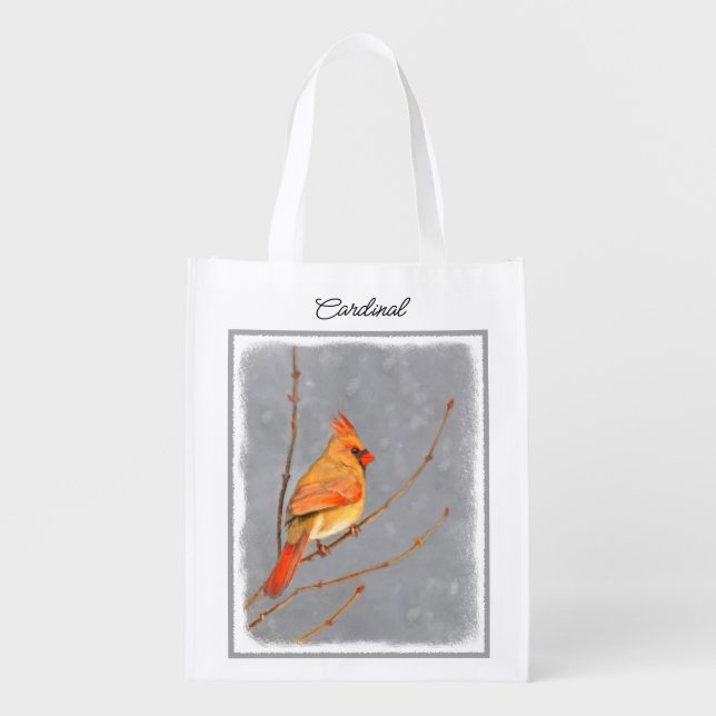 Cardinal on Branch Painting - Original Bird Art Grocery Bag (Front)