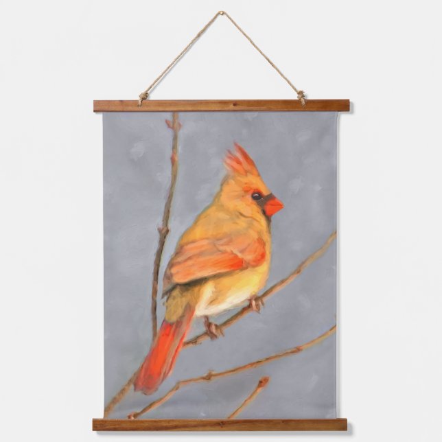 Cardinal on Branch Painting - Original Bird Art Hanging Tapestry (Front)