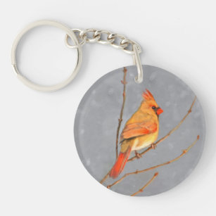 Cardinal on Branch Painting - Original Bird Art Keychain