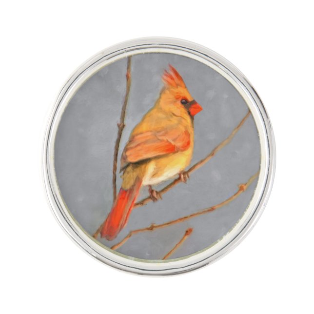 Cardinal on Branch Painting - Original Bird Art Lapel Pin (Front)